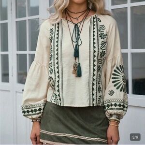 Embroidered Boho Peasant Top in Cream with Olive Green Accents